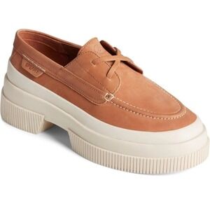 SPERRY Size 6 Platform Boat Shoe NEW Tan Leather Slip On Loafer Highland $75